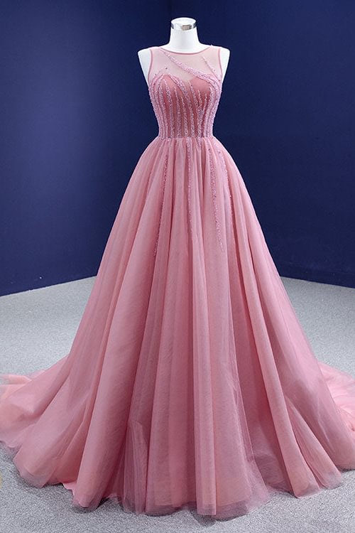 Daisda Gorgeous Pink A-line Prom Dress Tulle With Sleeveless Beadings On Sale Daisda