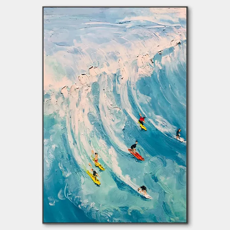 CATCHING THE WAVE: Vertical Ocean Painting of Surfers Riding a Wave（Canvas painting）