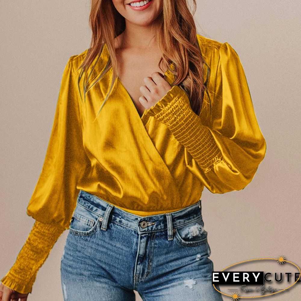 Womens Long-Sleeve Neck Blouse Spring/Autumn Elegant Casual Silk Shirt Ladies Pleated Tops