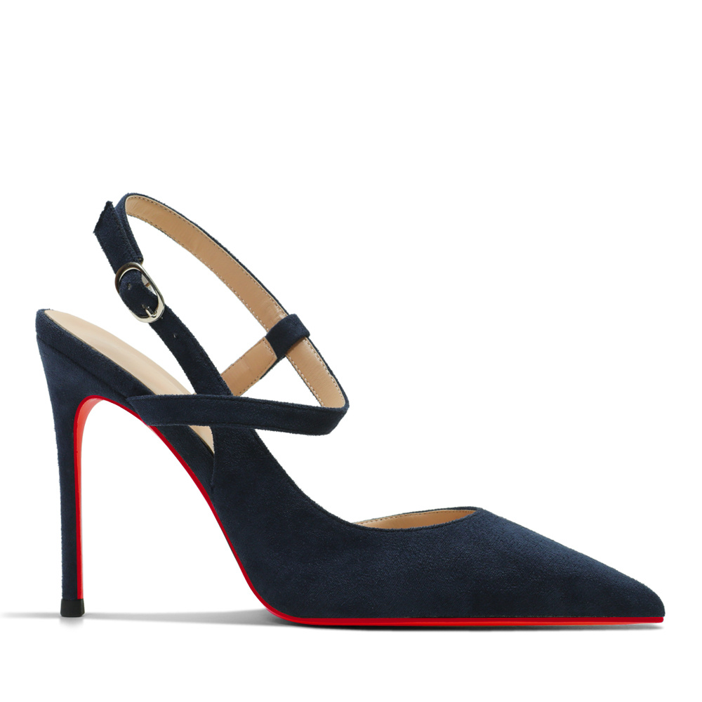 100mm Women Slingback Pumps Ankle Strap Jenlove Stiletto Mid Heel Close Pointed Toe Dress Red Bottoms Suede Shoes-MERUMOTE
