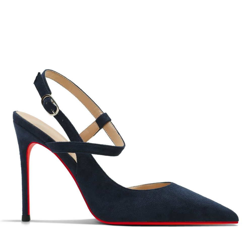 100mm Women Slingback Pumps Ankle Strap Jenlove Stiletto Mid Heel Close Pointed Toe Dress Red Bottoms Suede Shoes-MERUMOTE