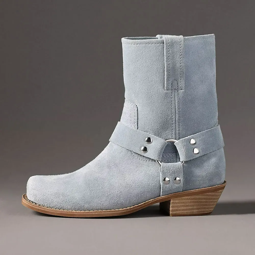 Short Dusty Blue Studded Ring Square Toe Vegan Suede Boots Women