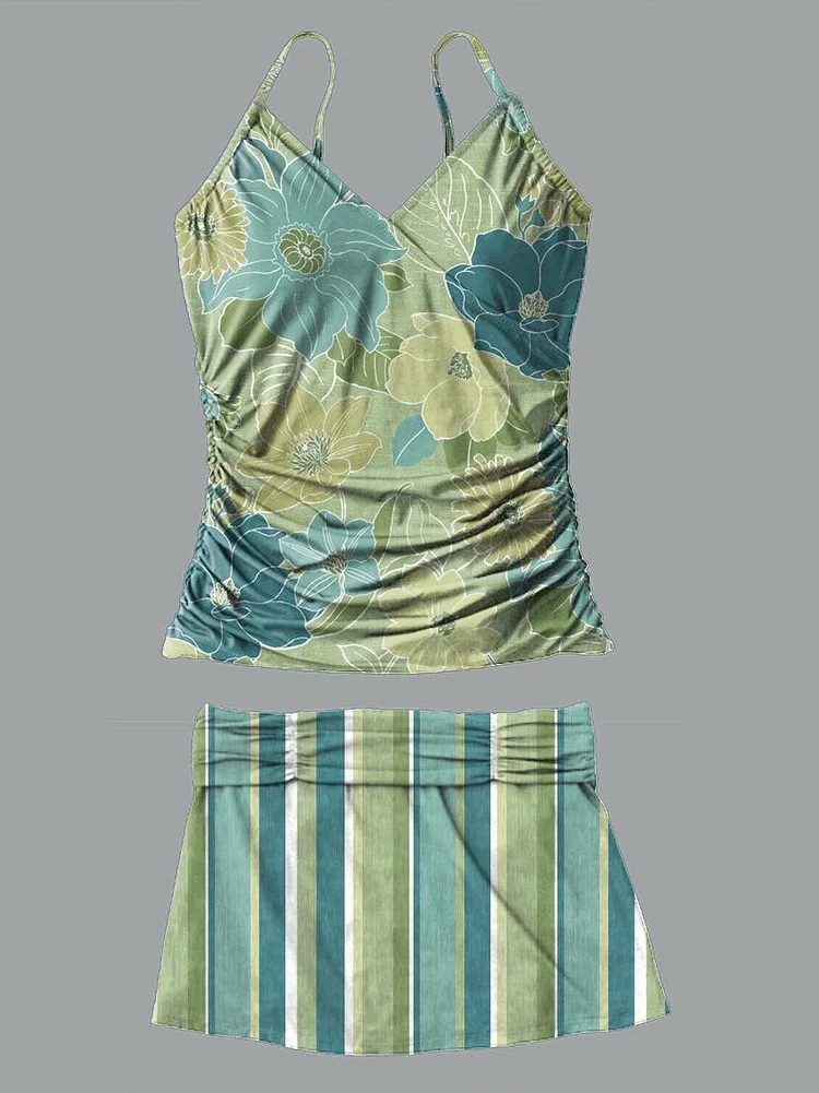 V-Neck Green Flowers Stripes Retro Pattern Art Print Sling Pleated Tankini Set Swimsuit