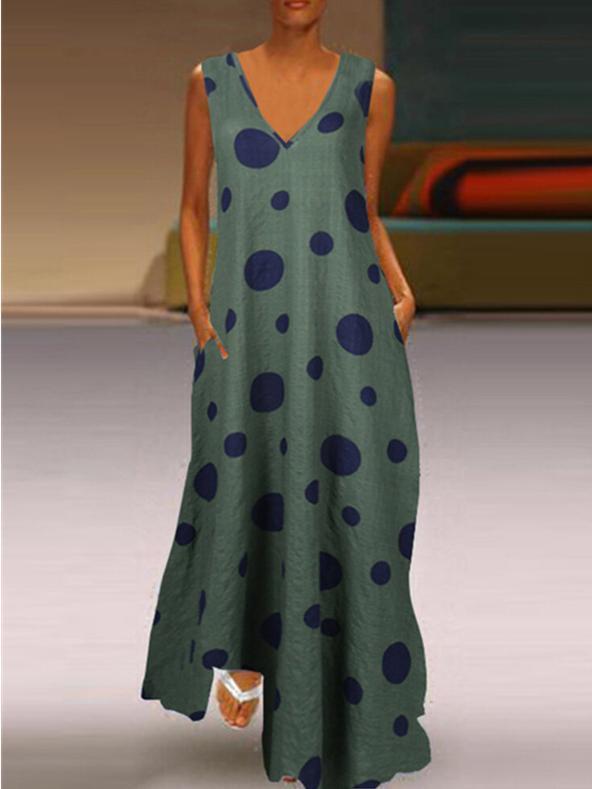 Women's Sleeveless V-neck Polka Dot Maxi Dress