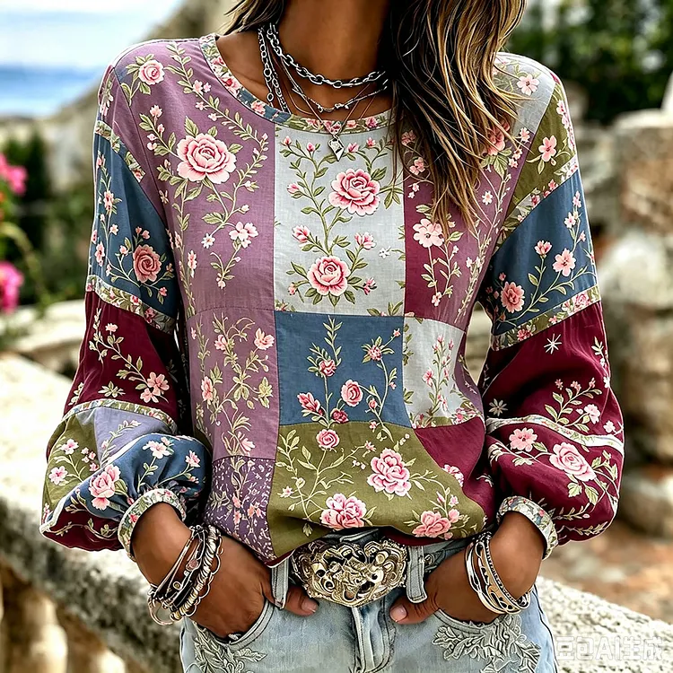 Women's Vintage Pink Floral Art Patchwork Linen Cotton Blend Crew Neck Long Sleeve Top