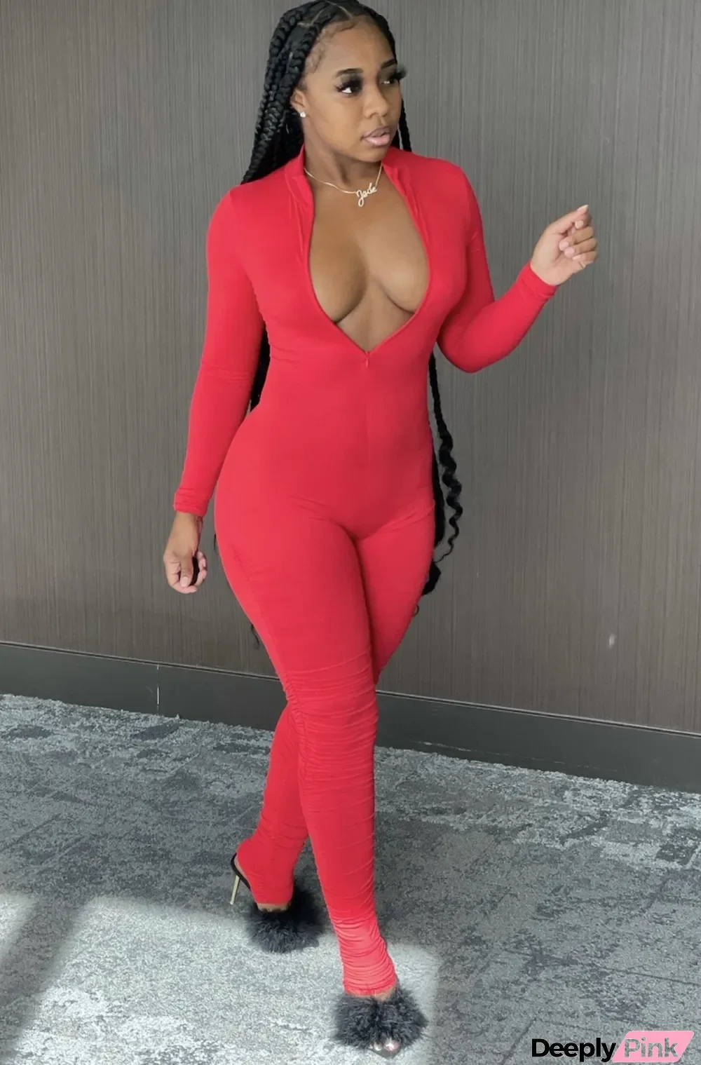 Autumn Sexy Zipped Front Stacked Bodycon Jumpsuit Red