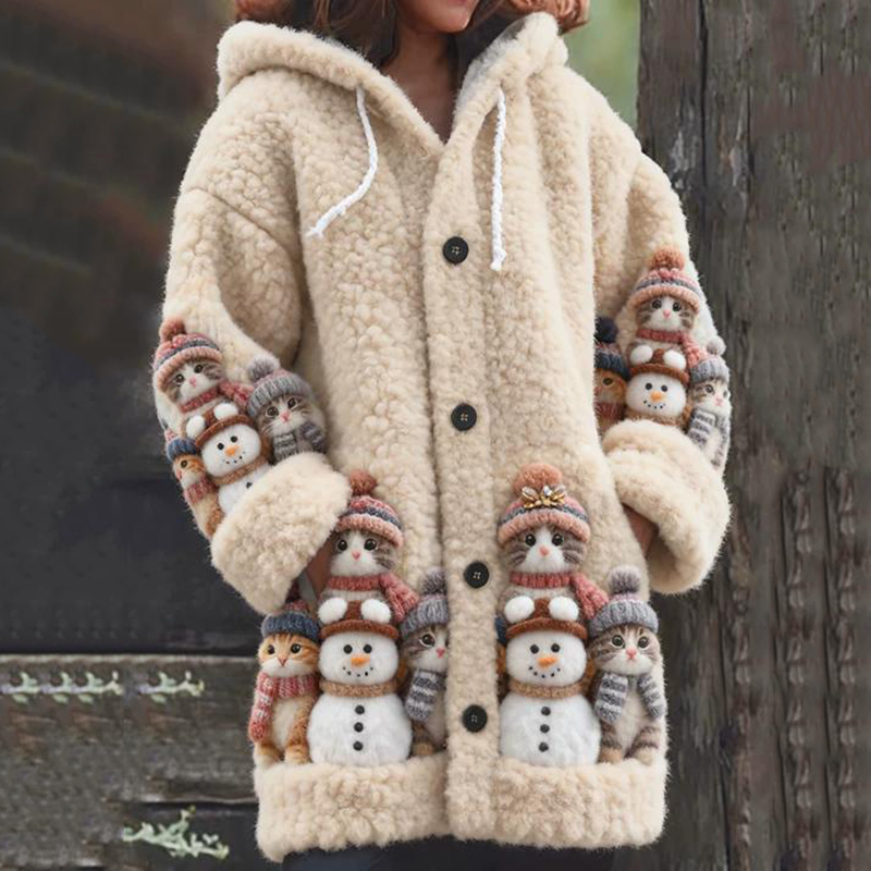Cute Cat And Christmas Snowman Pattern Plush Hoodie elevenforest