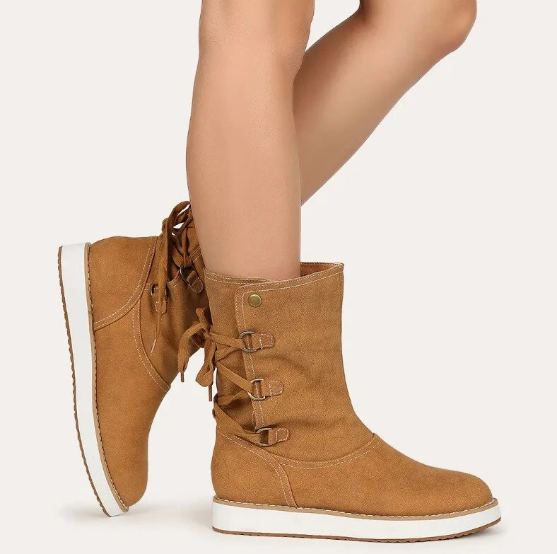 Winter Boots Women 2021 Thick-soled Lace Up Leopard Casual Martin Boots Fashion Round Toe Non-slip Mid Calf Boots Botas De Mujer