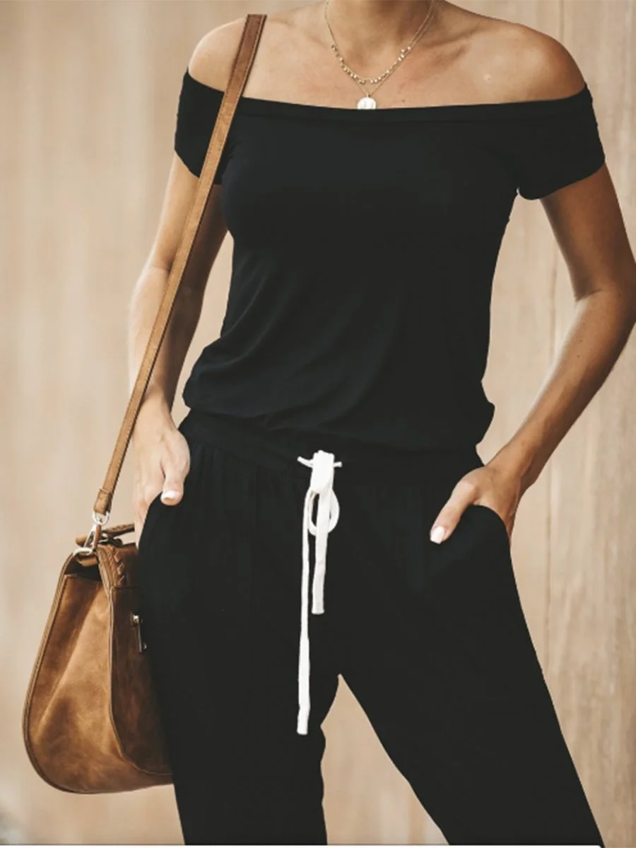 Off Shoulder Drawstring Waist Jumpsuit