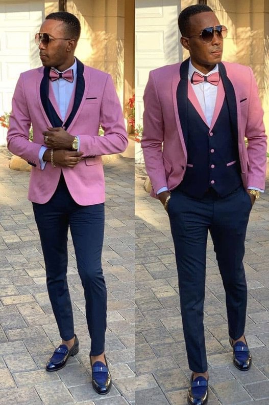 Shawl Lapel Romantic Pink Three Pieces Slim Fit Men Suits | Ballbellas Ballbellas
