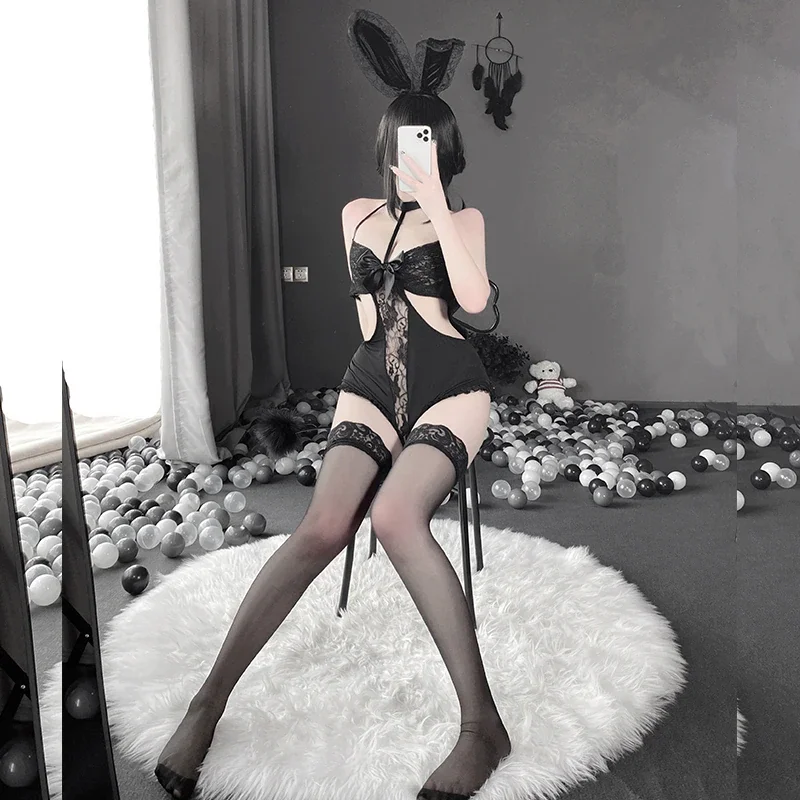 Billionm OJBK Sexy Cute Bunny Costumes Temptation Transparent Lace Jumpsuit Halter Holllow Bowknot Lingerie Rabbit Uniform Cosplay 2021