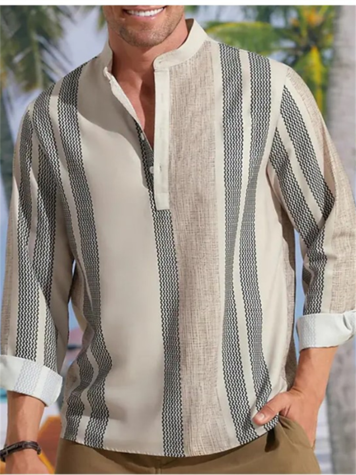 Men's Casual Shirt Henley Shirt  Long Sleeve Striped Henley Spring & Summer Hawaiian Holiday Clothing Apparel Print