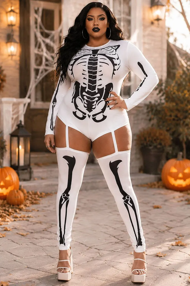 Xpluswear Design Plus Size Casual Halloween Costume White Round Neck Skeletons Print Knitted Bodysuit（Ships 24h） 2024 - Xpluswear