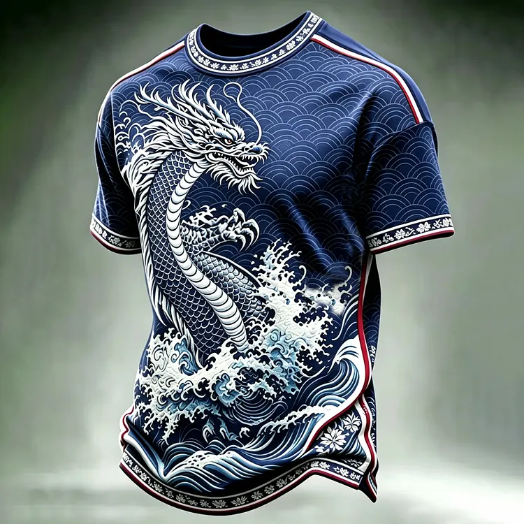 Men's Retro Japanese Dragon With Huge Waves Art Print Casual T-shirt