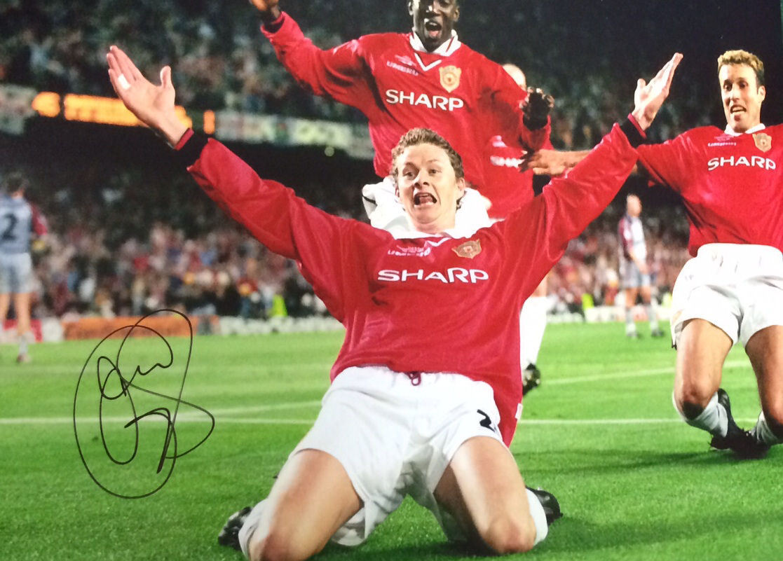 OLE SOLSKJAER SIGNED MANCHESTER UNITED CHAMPIONS LEAGUE 1999 Photo Poster painting COA & PROOF