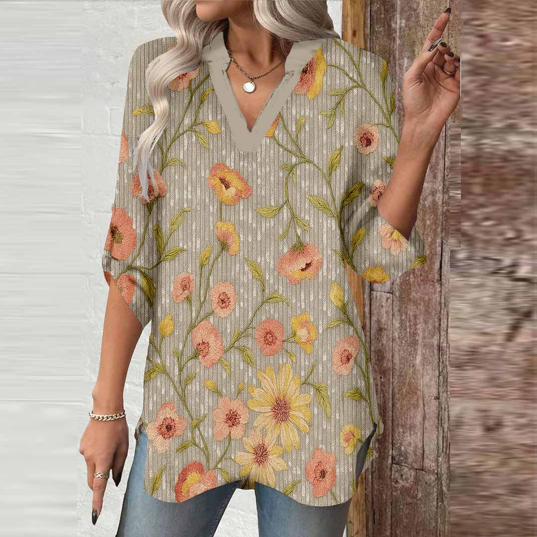 Women Floral, Shiny, Pink, Green DZGA0179 3/4 Sleeve V-neck Printed Graphic Button Tops