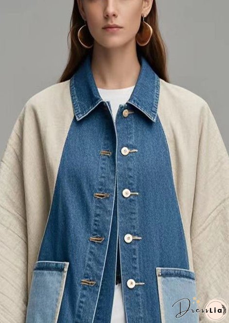 Plus Size Colorblock Oversized Patchwork Denim Coat Outwear Batwing Sleeve