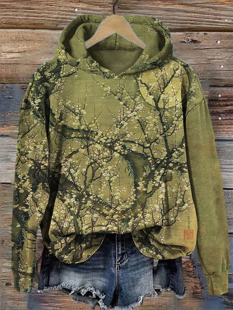 Plum Blossom Full Moon Night Japanese Art Hoodie