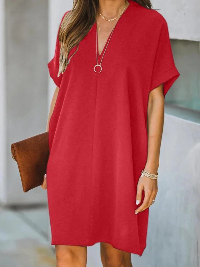 Women's V-neck Short Sleeve Solid Color Loose Dress