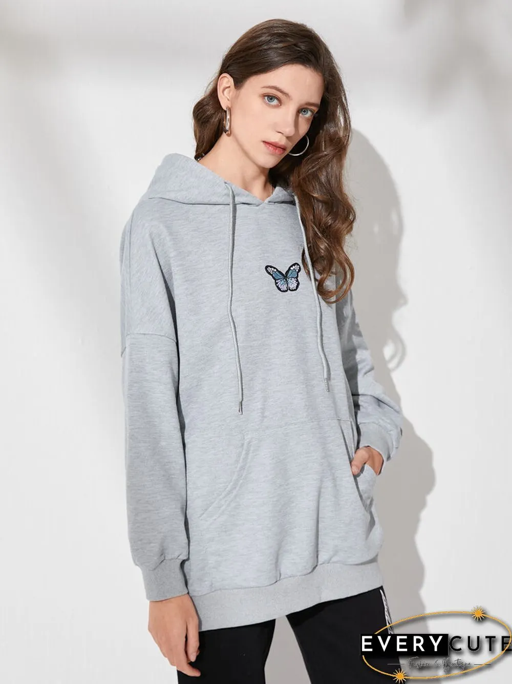 Butterfly Kangaroo Pocket Drop Shoulder Loose Hoodie