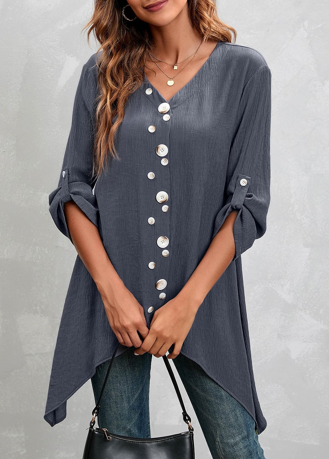 Button Decoration Dusty Blue Roll Tab Sleeve Blouse