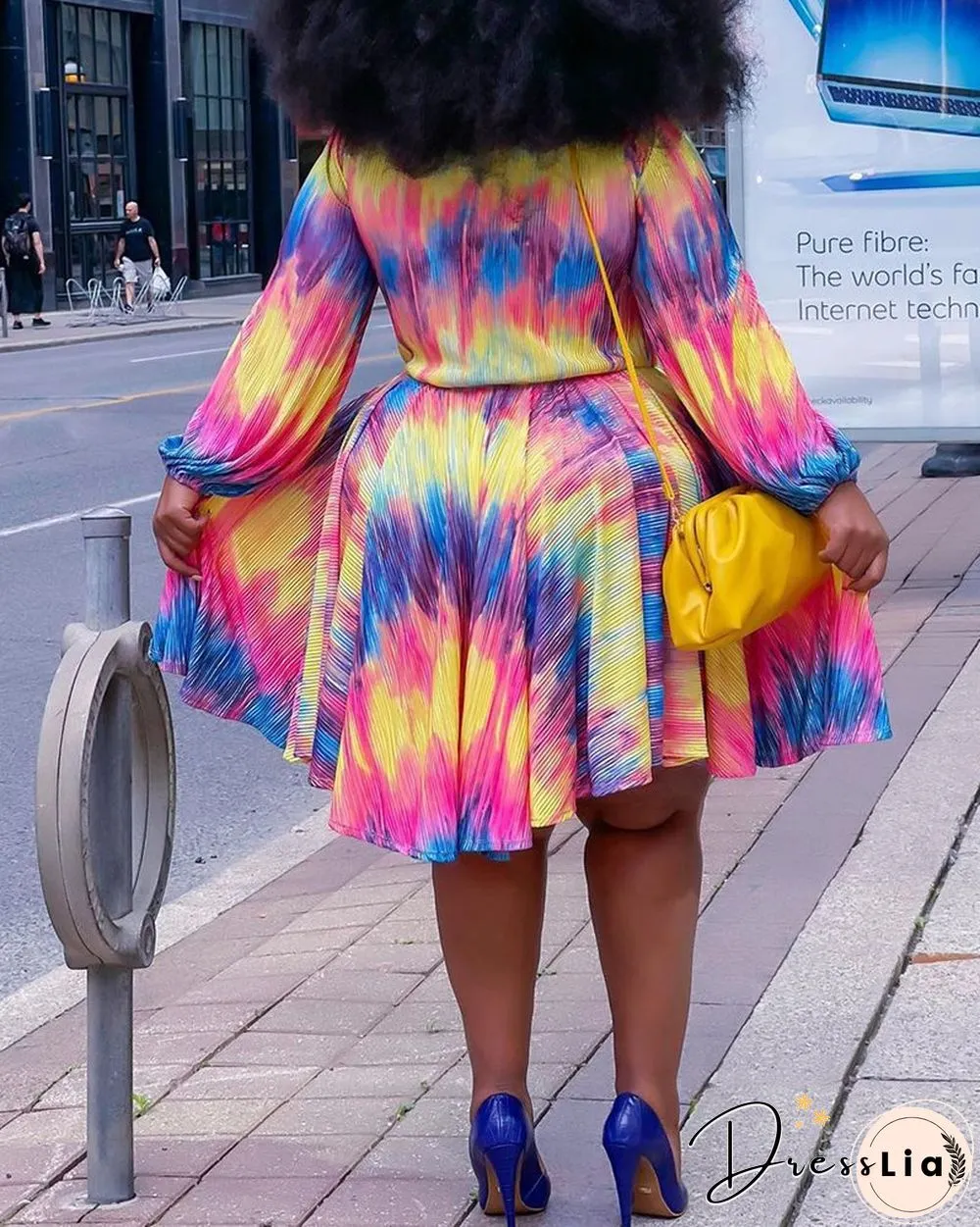 Plus Size Colorblock Lantern Sleeve Casual Dress