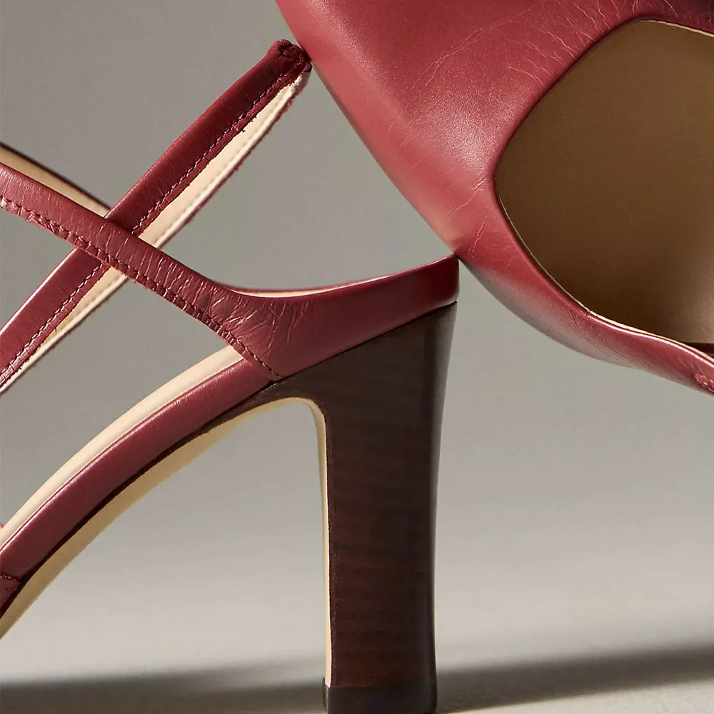 Maroon Square Toe Slingback Chunky High Heel Slip On Pumps Shoes