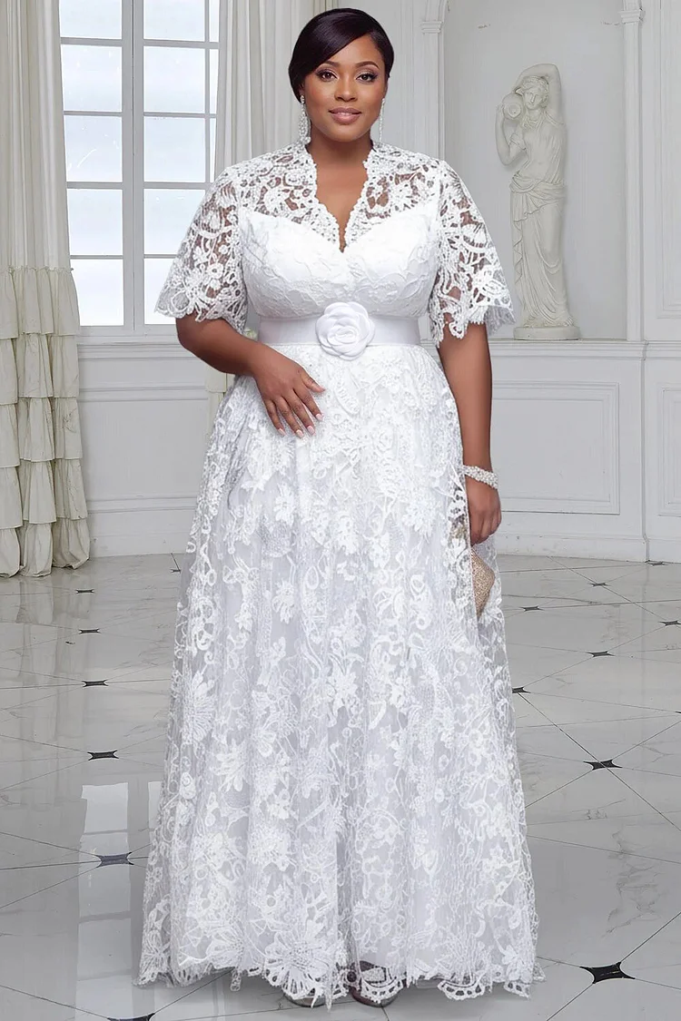Xpluswear Design Plus Size Wedding White V Neck Short Sleeve See Through Guipure Lace Maxi Dresses [Pre-Order] 2024 - Xpluswear