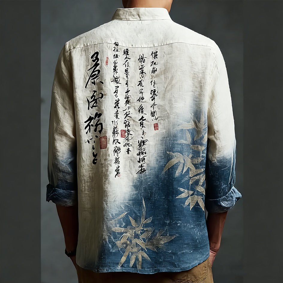 Japanese Art Retro Line Art Linen Casual Long-sleeve Shirt  artssus