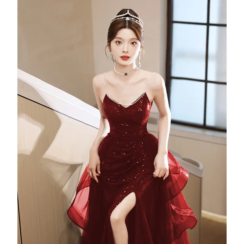 Brownm Hanging Toasting Bride High Feeling Light Luxury Small High-End Wedding Dinner Wine Red Engagement Evening Dress Dress Girl