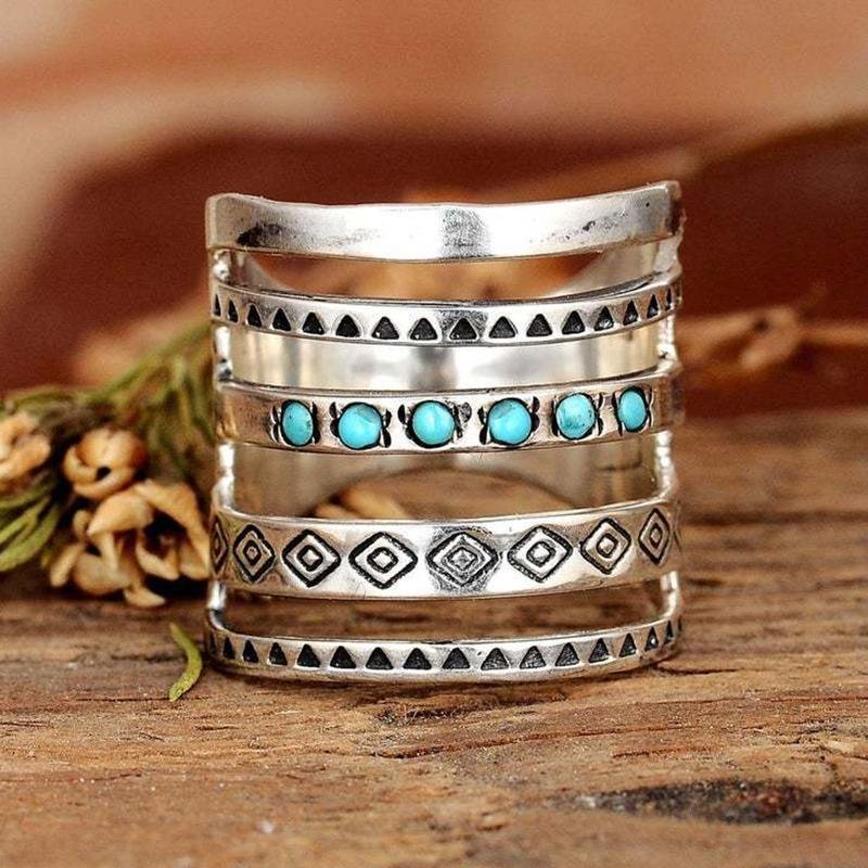 Bohemian style carved ring hollow vintage turquoise plated 925 silver ring