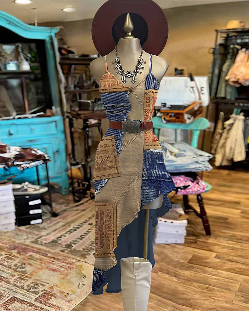 Western Denim Patchwork Print Irregular Ruffle Hem Slim Cami Dress