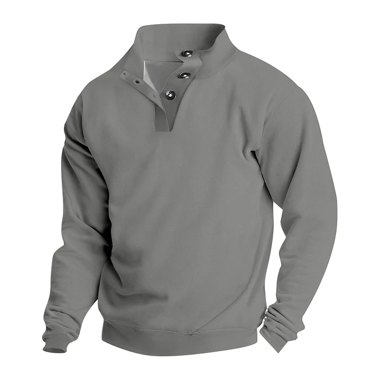 Men Solid Color Gray Casual Printed Button Stand Collar Sweatshirt
