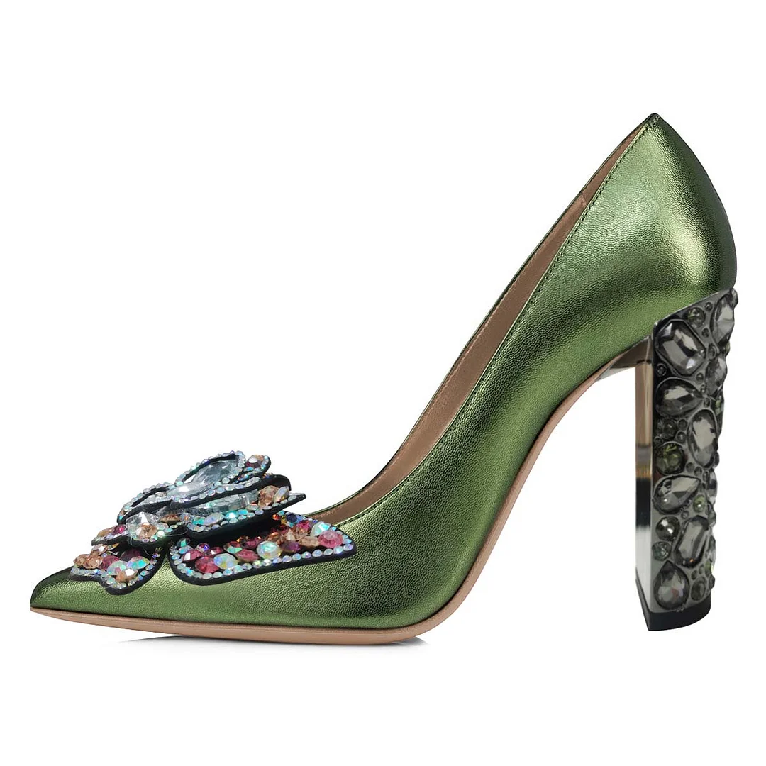 Green Pointed Toe Rhinestone Butterfly Chunky Heel Pumps for Women