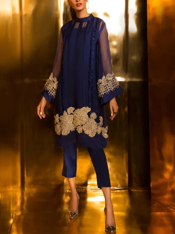 Round Neck Printed Mesh Long-sleeved Trousers Suit