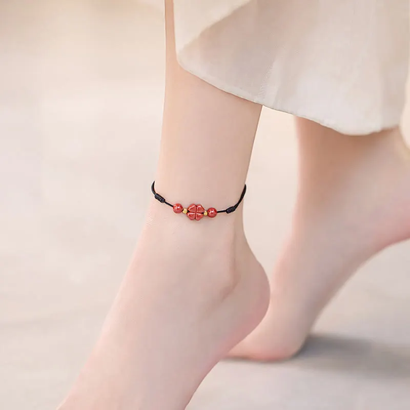 Four Leaf Clover Cinnabar Blessing Calm String Bracelet Anklet