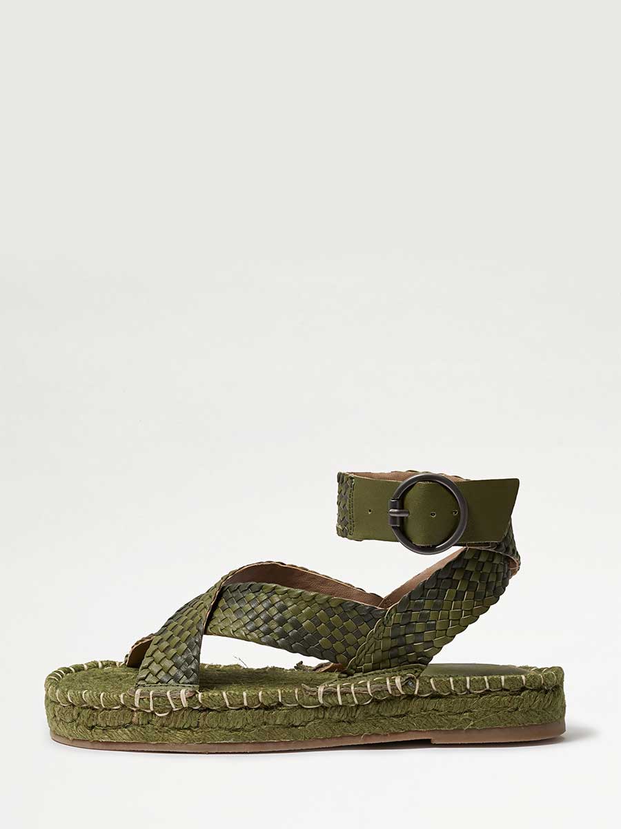 Green Open Toe Braided Strappy Platform Espadrille Sandals