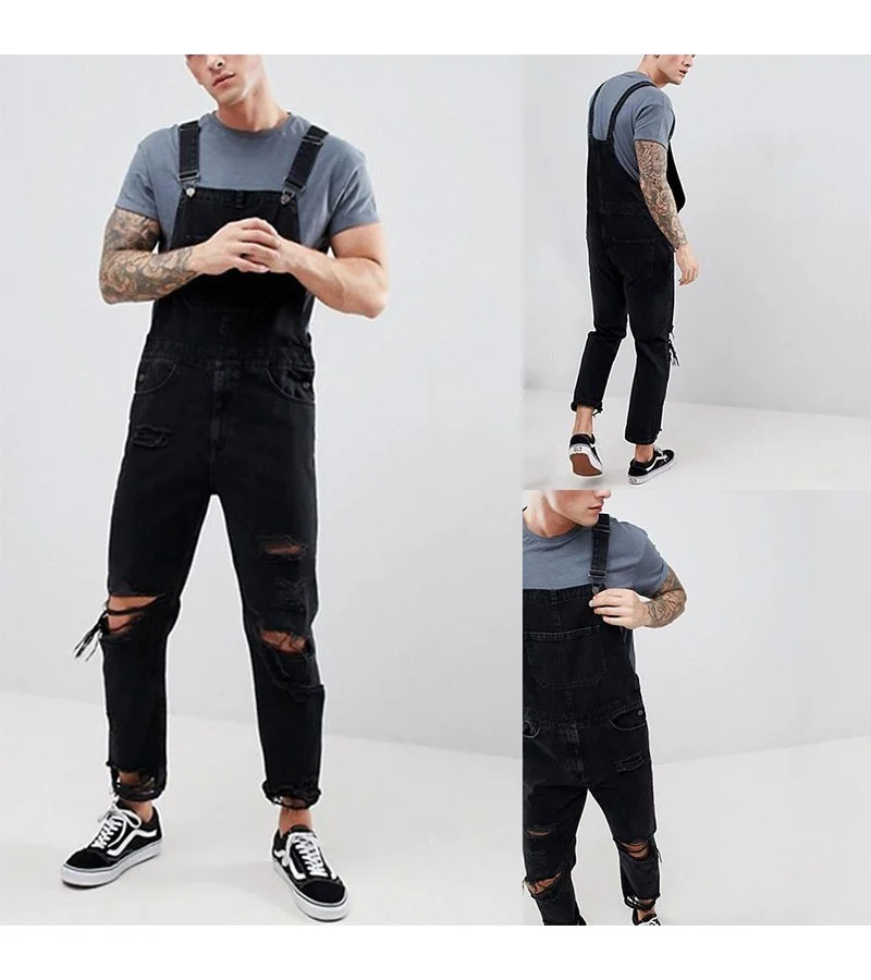 Men Fashion Hole Metal Buckle Pocket Patchwork Denim Jumpsuits S-2XL
