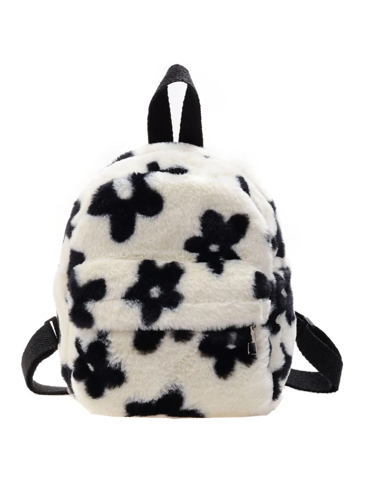 Preppy Style Women Flowers Printing Plush Backpack Casual Small Knapsack