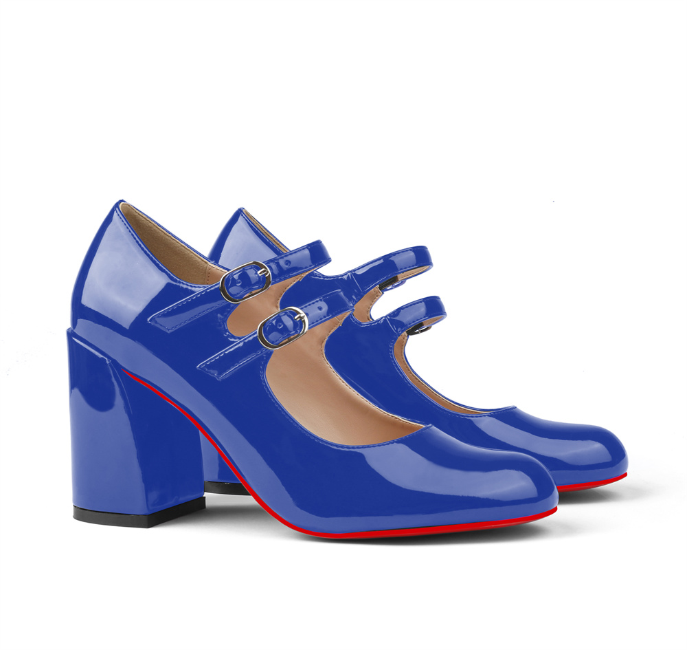 85mm Chunky Low Block Heels Mary Jane Closed Toe Work Pumps Comfortable Round Toe Dress Wedding Red Bottom Shoes-vocosishoes