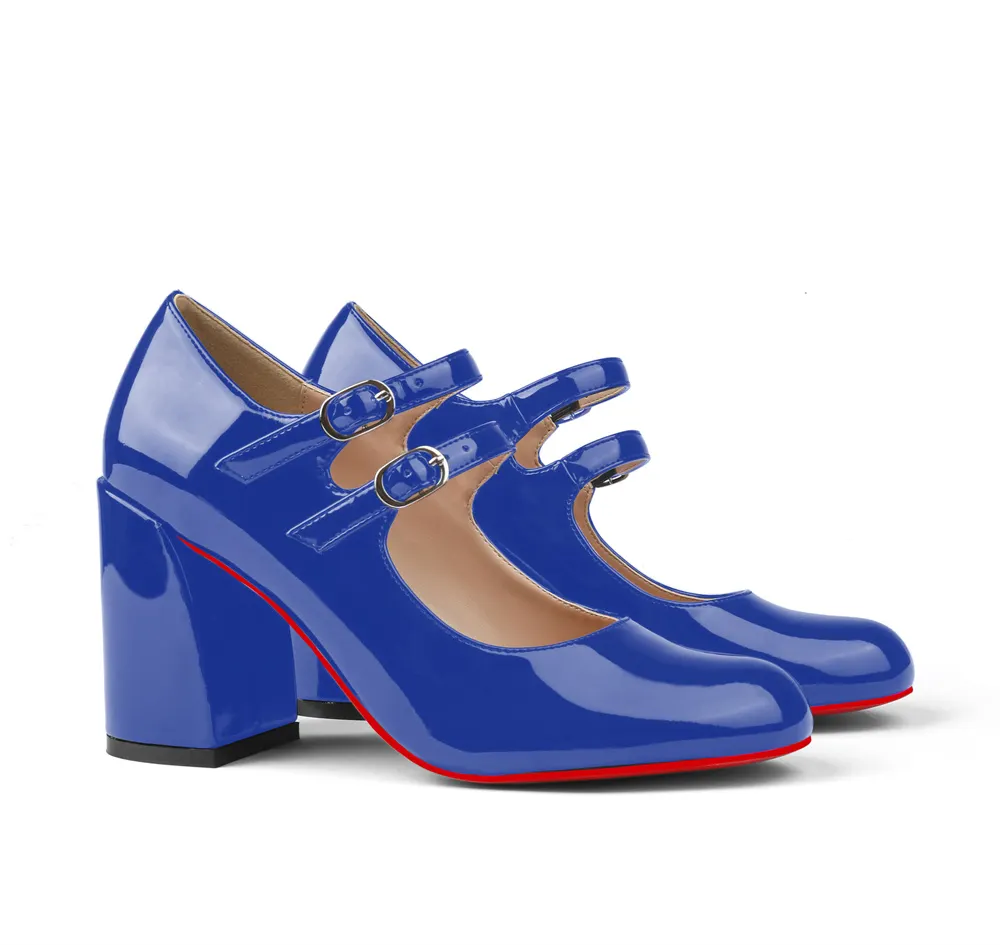 85mm Chunky Low Block Heels Mary Jane Closed Toe Work Pumps Comfortable Round Toe Dress Wedding Red Bottom Shoes-vocosishoes