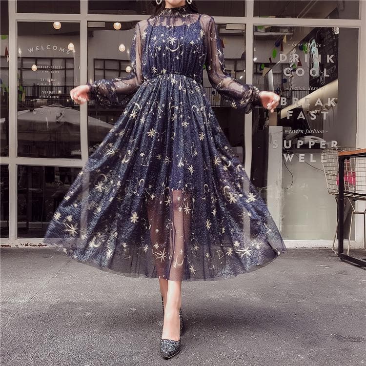 Navy/Beige Starry Layered Tulle Long Dress