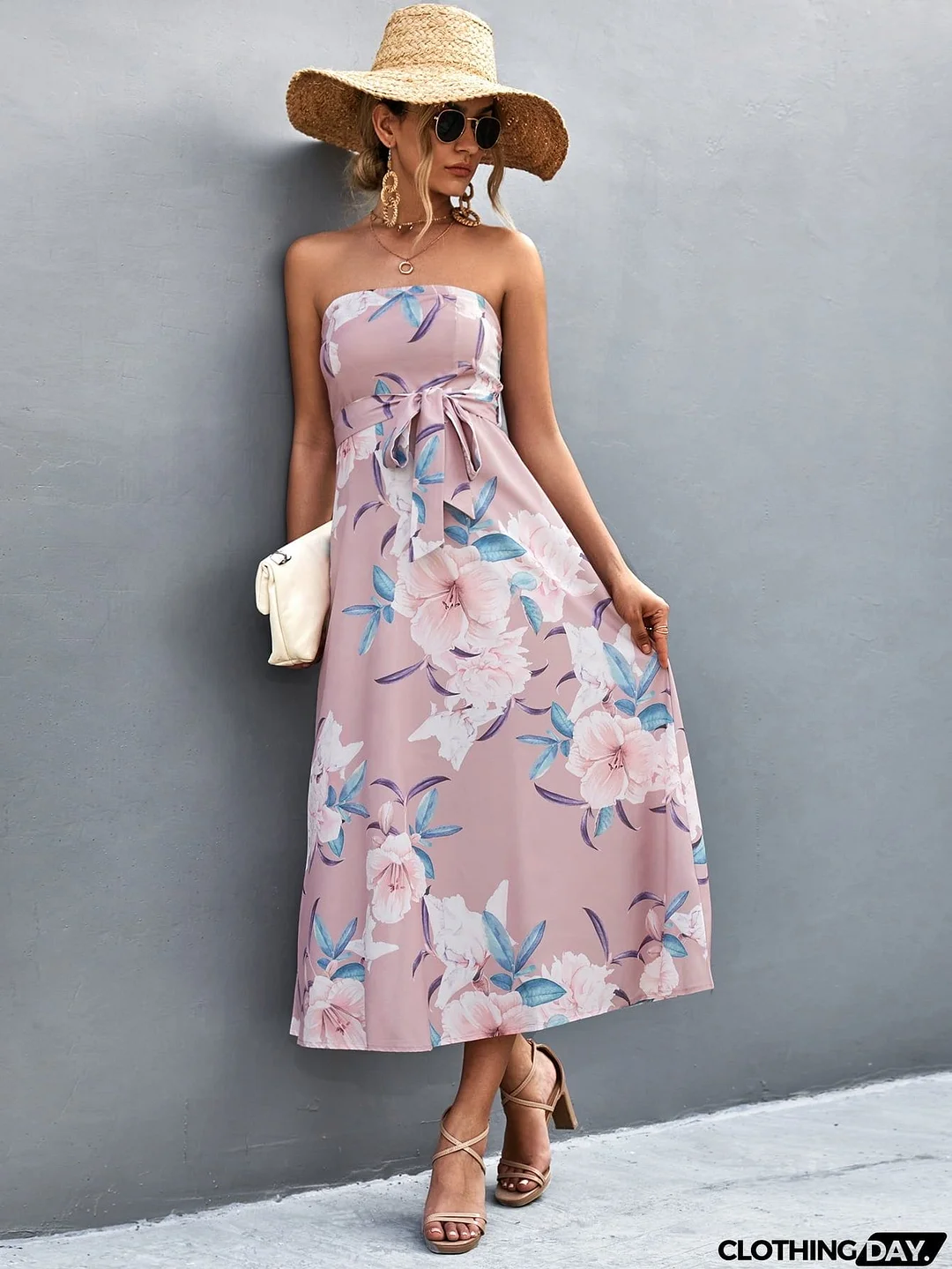 Floral Print Tie Waist Straight Neck Midi Dress