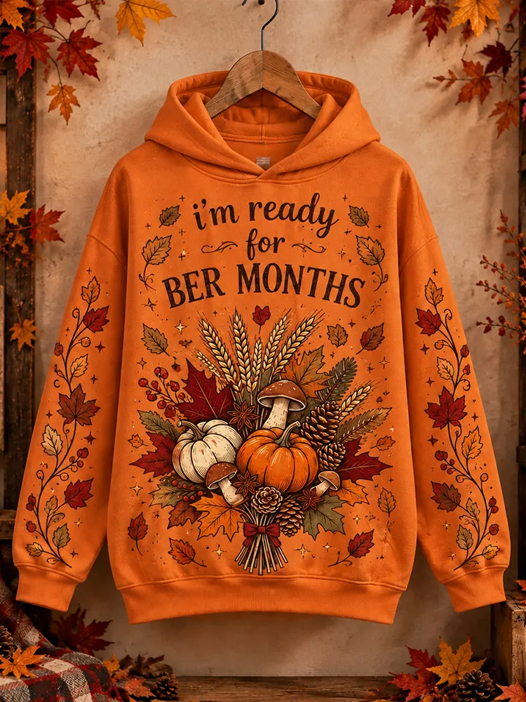 Comstylish Women's Autumn "ber Months" Orange Hoodie With Pumpkin, Mushroom & Maple Leaves Pattern