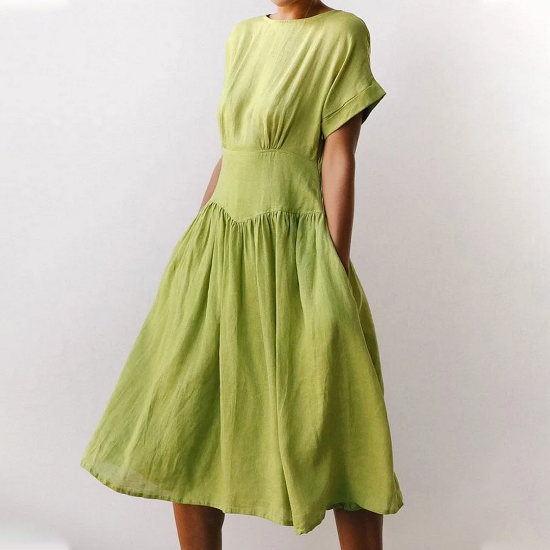Linen Grass Green Midi Dress-inspireuse