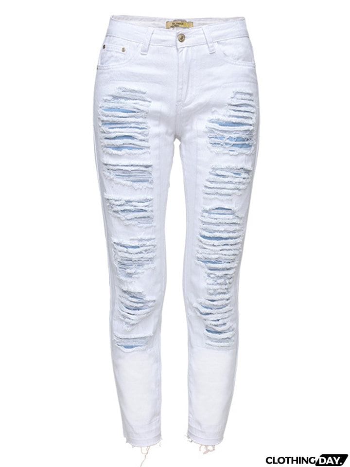 Punk Style Fashion Ripped Loose Women White Denim Jeans