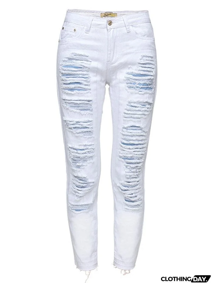 Punk Style Fashion Ripped Loose Women White Denim Jeans