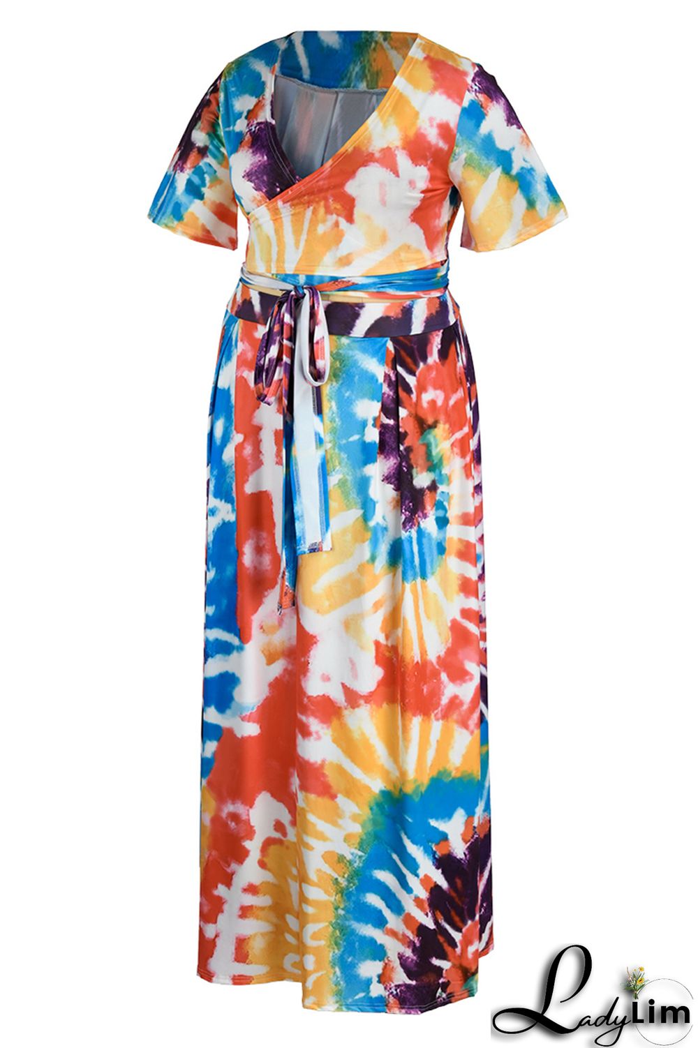 Earth Yellow Fashion Casual Print Bandage V Neck Plus Size Two Pieces