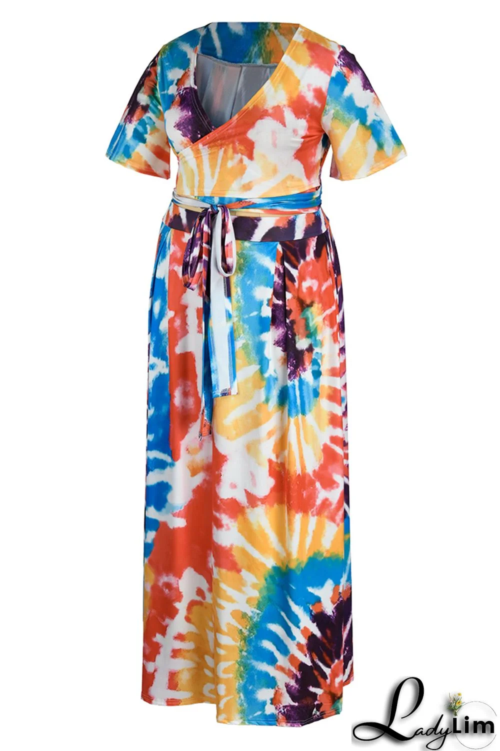 Earth Yellow Fashion Casual Print Bandage V Neck Plus Size Two Pieces