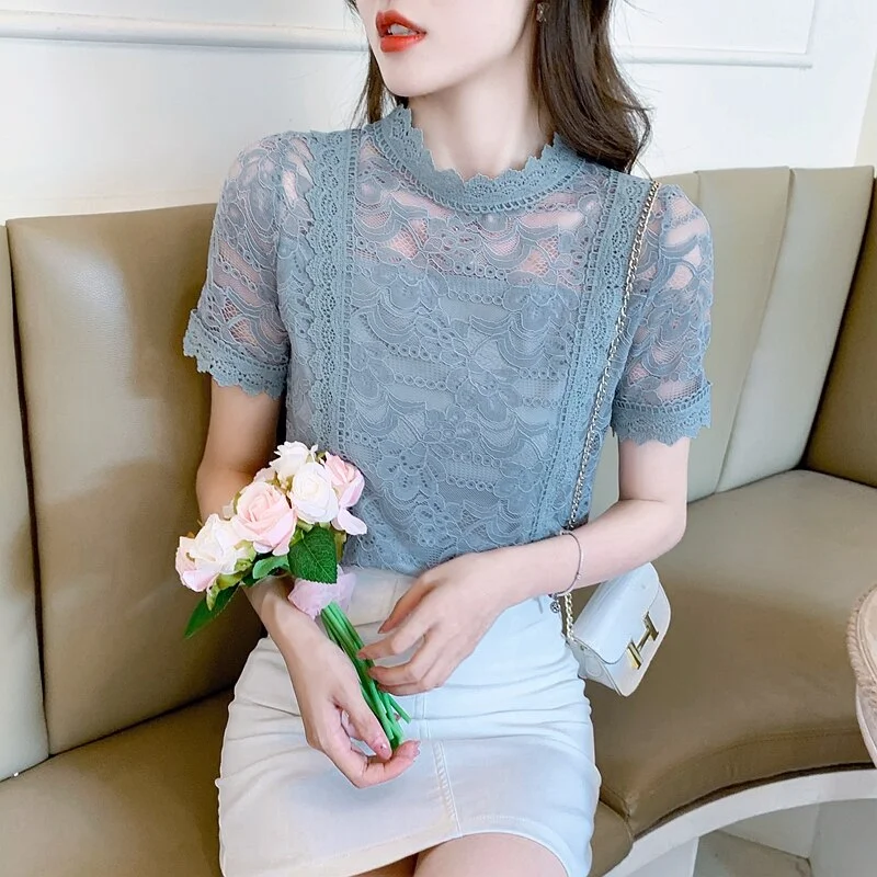 White Lace Shirt Women's Short Sleeve Top Korean O Neck Blouse Summer Fashion Loose Hollow Out Floral Chiffon Shirt Blusas 15211